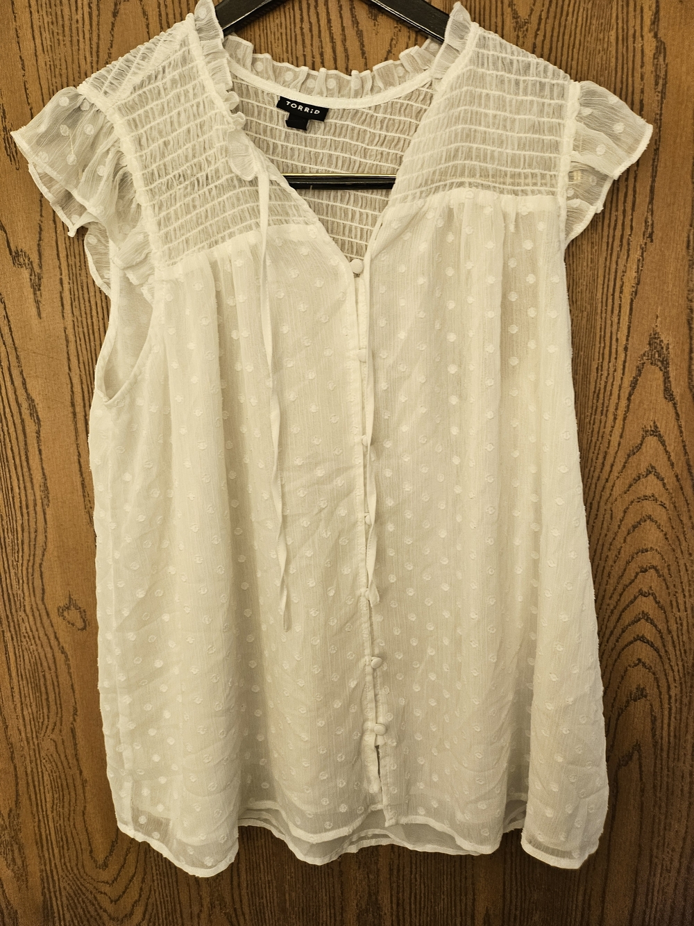 torrid White Swiss Dot Smocked V-Neck Tie-Front Blouse